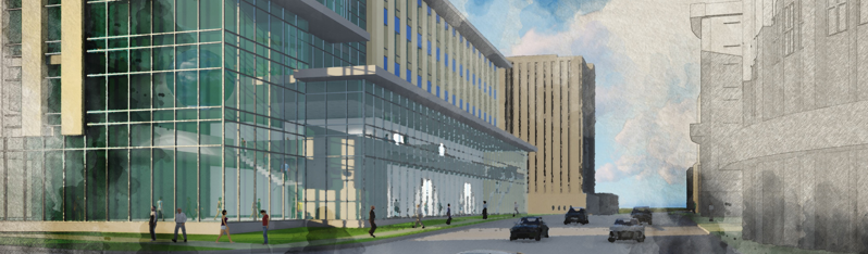 Architectural rendering of the future L&S building --a modern glass and concrete structure.
