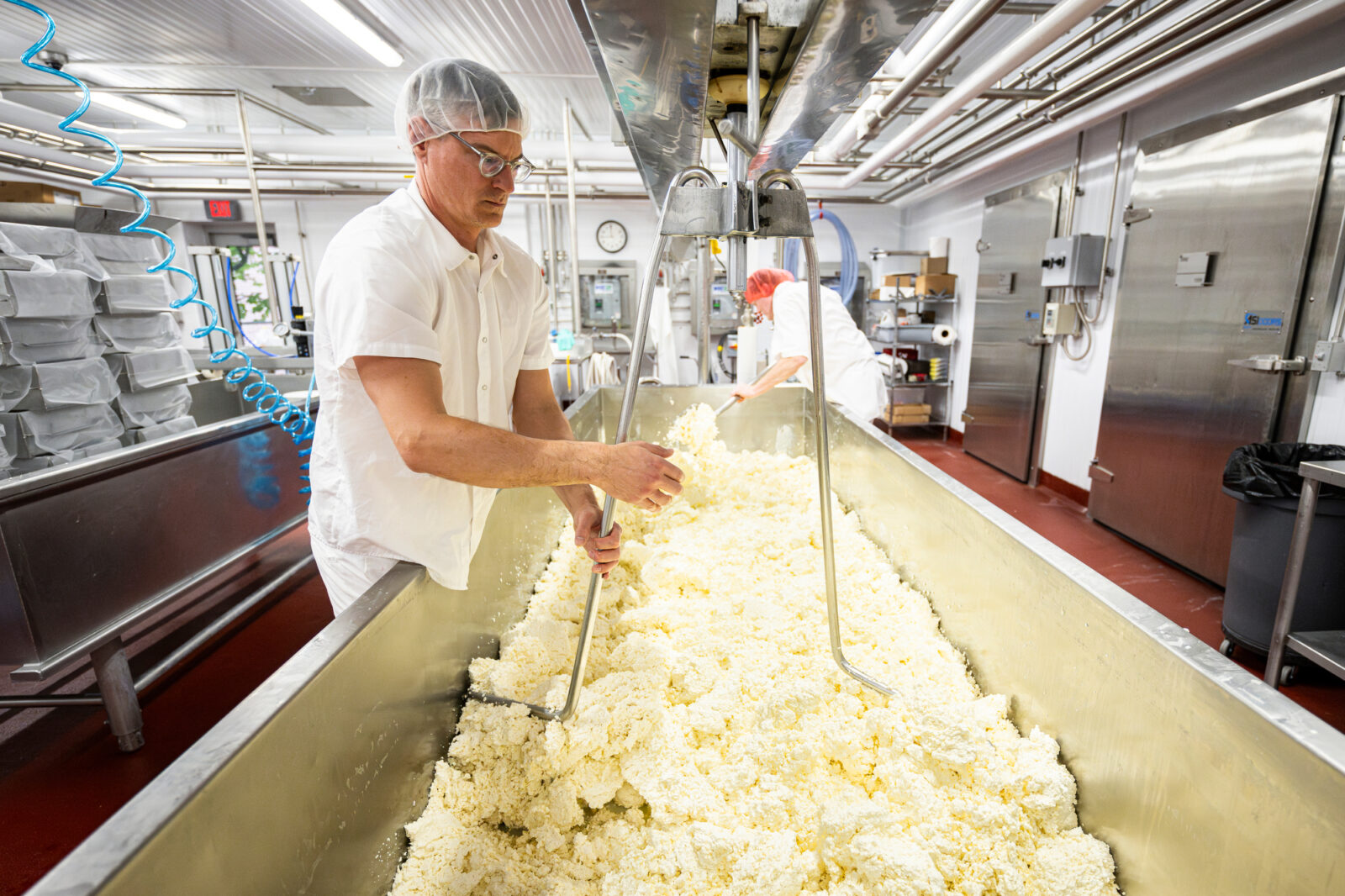 Person stands next to a large metal cheese vat here they manually control the equipment that separates the cheese curds from the whey.