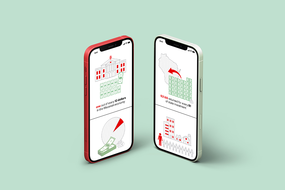 Two cell phones with infographics of buildings, money, and pie charts on a green background