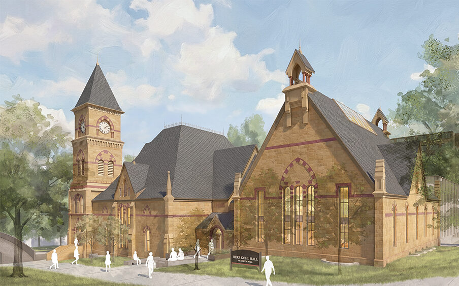 A drawn rendering shows the updated exterior of Music Hall.